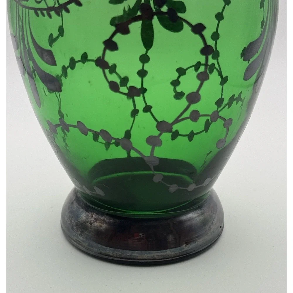 VTG Italian Emerald Green Glass Decanter & Glasses Silver Overlay Florence Italy